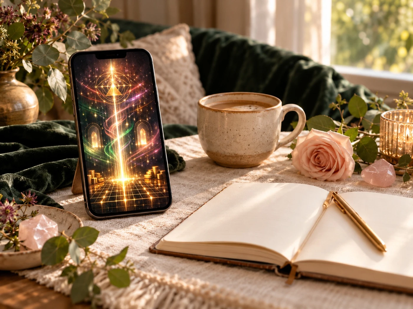 Oracle card artwork on a phone beside a journal, coffee and rose